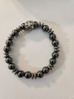 Hand Crafted Hematite Stretch Bracelet with Cross Bead Focal